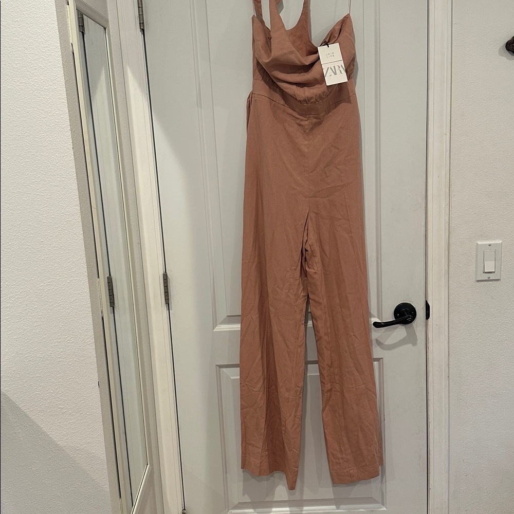NWT Zara Mauve Viscose Linen Blend Wide Leg Sleeveless Halter Jumpsuit Pockets L - Picture 7 of 12